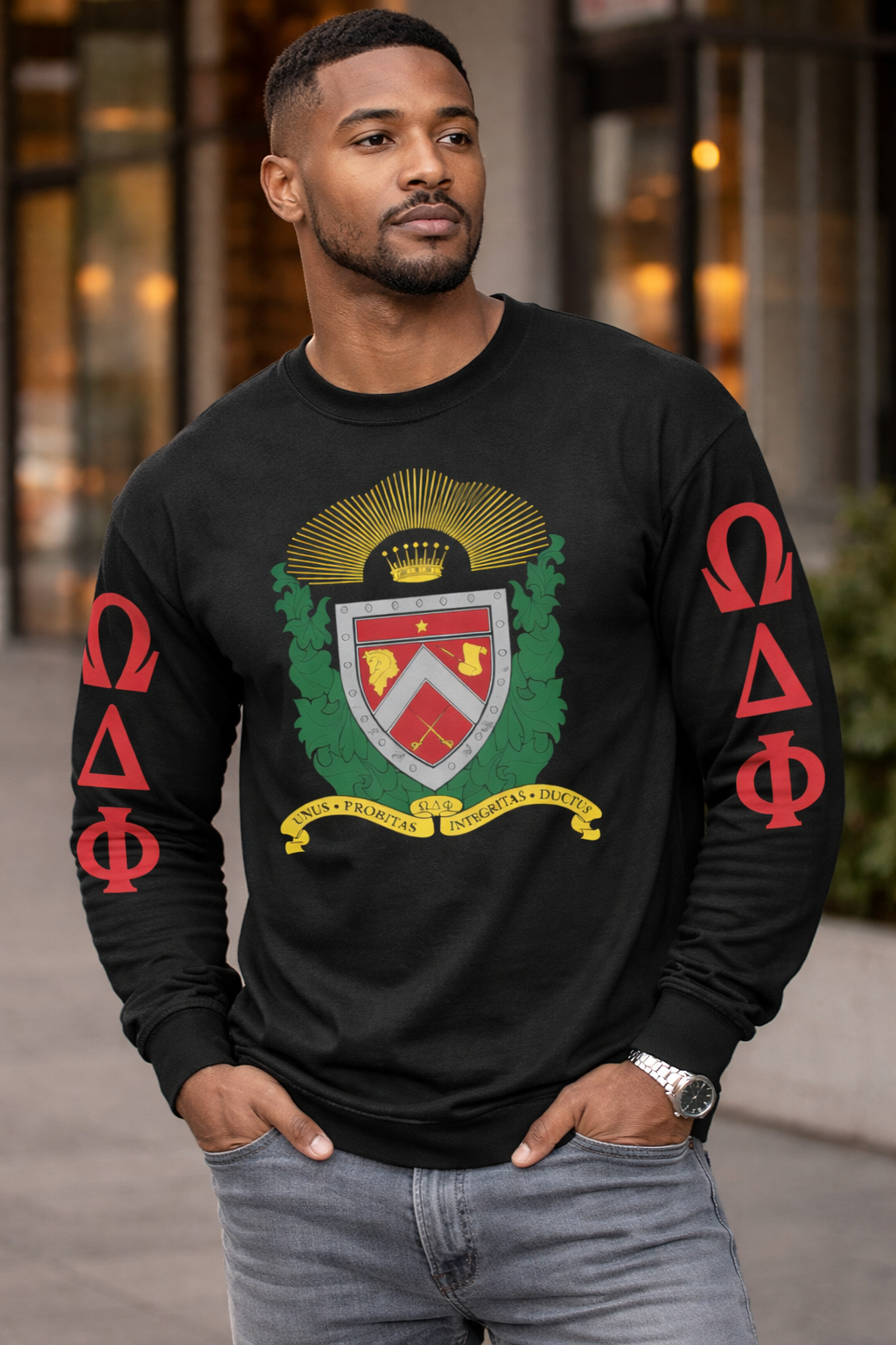 Omega Delta Phi Shield — Signature Crewneck Long Sleeve Tee  Affinity-Approved | Greek & Signature Tees | By L and J Designs 21 LLC