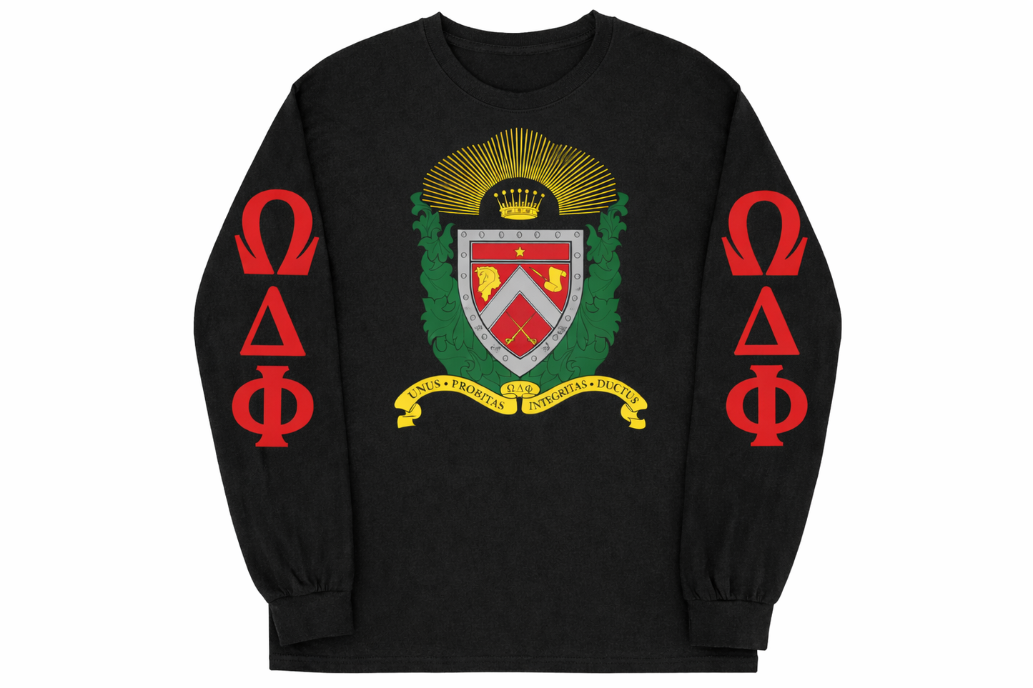 Omega Delta Phi Shield — Signature Crewneck Long Sleeve Tee  Affinity-Approved | Greek & Signature Tees | By L and J Designs 21 LLC
