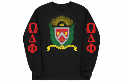 Omega Delta Phi Shield — Signature Crewneck Long Sleeve Tee  Affinity-Approved | Greek & Signature Tees | By L and J Designs 21 LLC